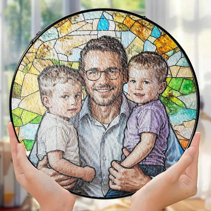 Fathers Day Glass Suncatcher, Custom Photo Stained Glass Gift for Grandpa, New Dad Gift, Custom Dad Photo Stained Glass Suncatcher, Dad Birthday (Sun-154)