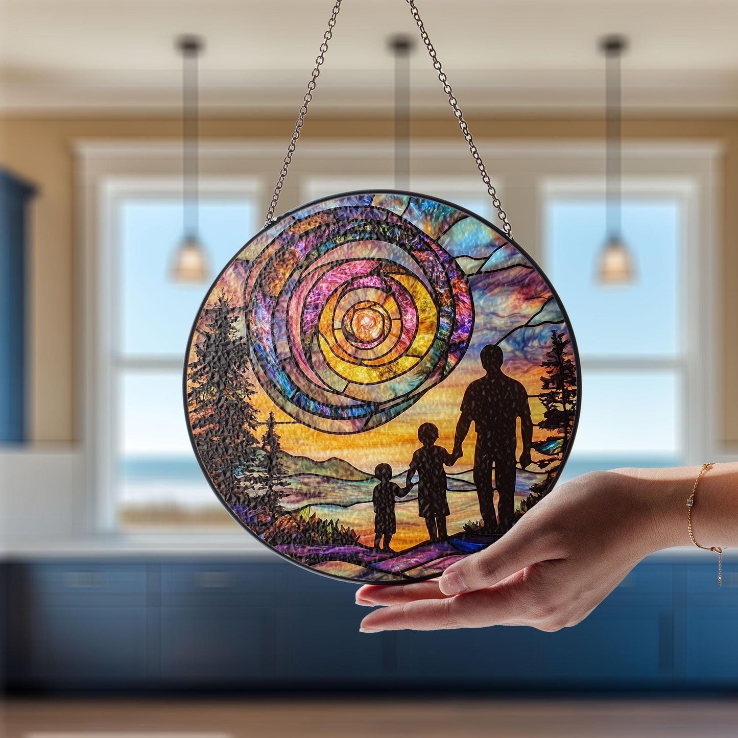 Dad and Kids Sunset Spiral Glass Suncatcher, Handmade Father’s Day Gift, Sentimental Keepsake from Children, Unique Gift for Him, Family Love Decor (Sun-148)