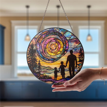 Dad and Kids Sunset Spiral Glass Suncatcher, Handmade Father’s Day Gift, Sentimental Keepsake from Children, Unique Gift for Him, Family Love Decor (Sun-148)