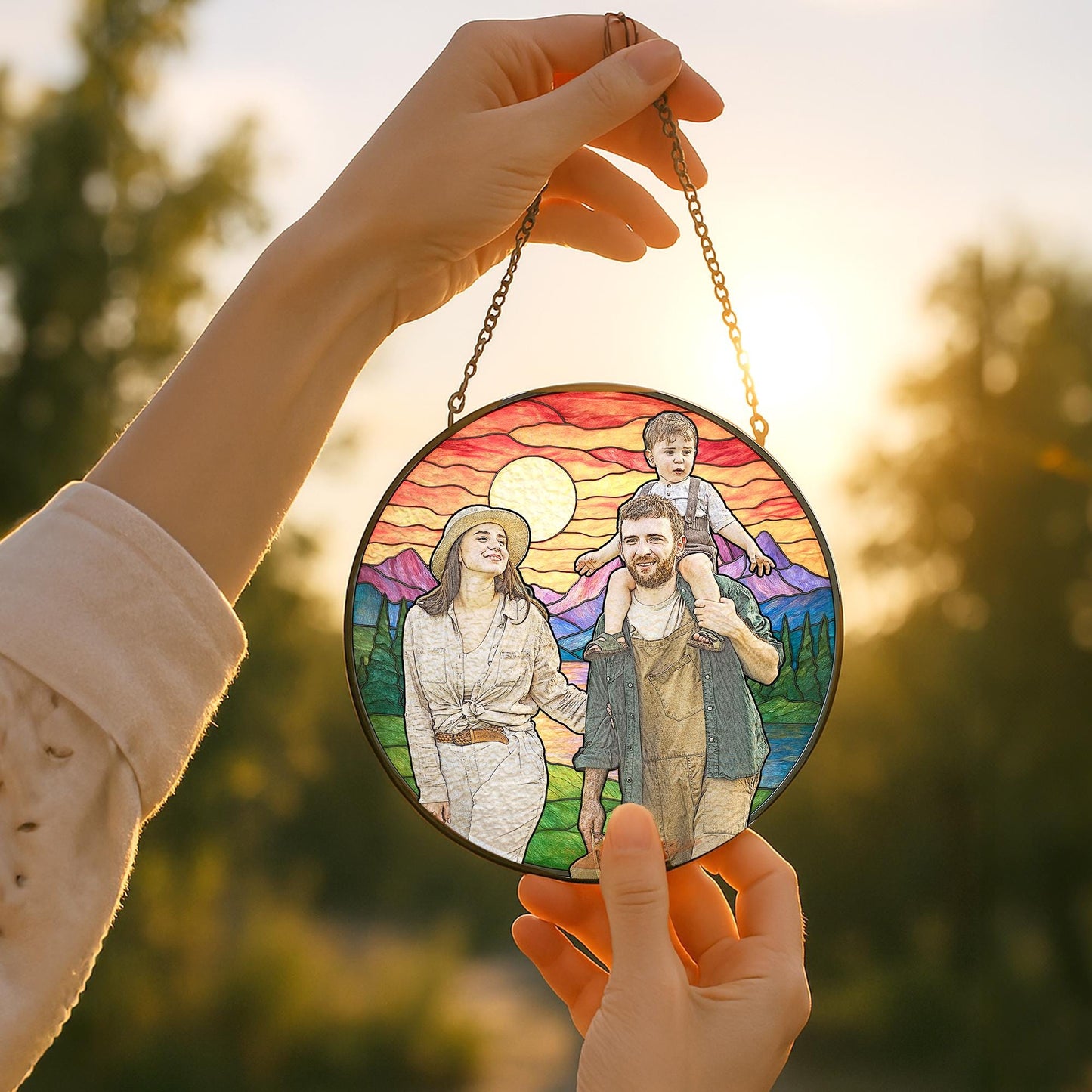 Personalized Family Photo Stained Glass Suncatcher – Custom Father’s Day Gift for Dad, Husband – Memorial Keepsake Ornament – Handmade Glass Window Art Decoration (Sun-140)