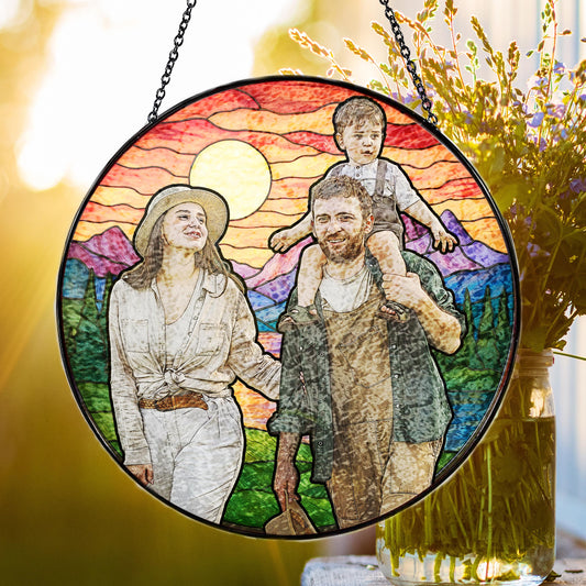 Personalized Family Photo Stained Glass Suncatcher – Custom Father’s Day Gift for Dad, Husband – Memorial Keepsake Ornament – Handmade Glass Window Art Decoration (Sun-140)