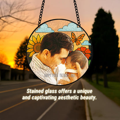 Personalized Father Portrait Photo Glass Suncatcher, Custom Photo Portrait Stained Glass Suncatcher, Father's Day Gift, Gift From Kids (Sun-121)