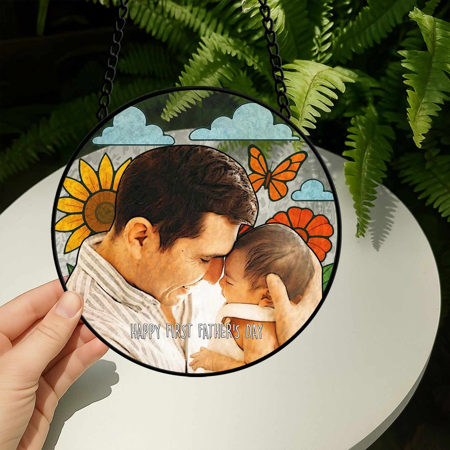 Personalized Father Portrait Photo Glass Suncatcher, Custom Photo Portrait Stained Glass Suncatcher, Father's Day Gift, Gift From Kids (Sun-121)