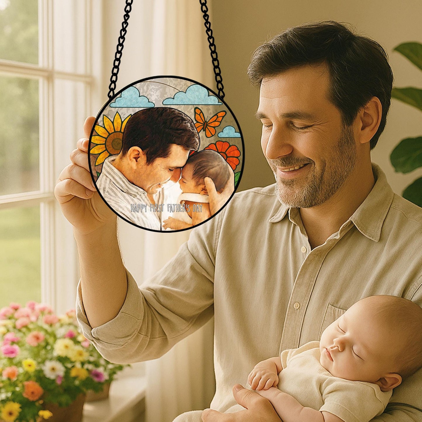 Personalized Father Portrait Photo Glass Suncatcher, Custom Photo Portrait Stained Glass Suncatcher, Father's Day Gift, Gift From Kids (Sun-121)