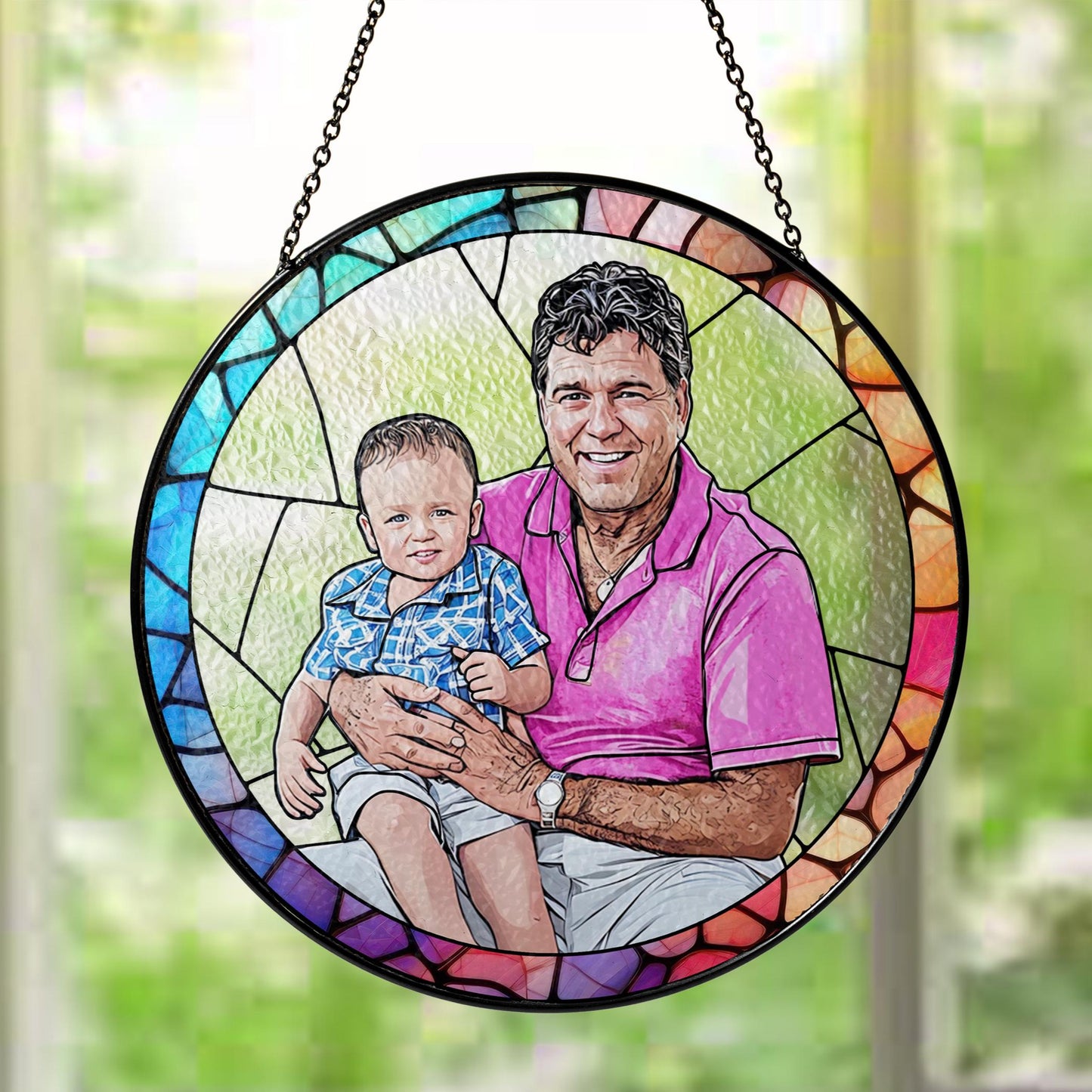 Personalized Fathers Day Gift, Custom Dad Portrait Stained Glass, Dad Gift From Kid, Dad Birthday Gifts, Dad Suncatcher Window Hanging (Sun-125)