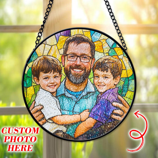 Personalized Dad And Kids Portrait Faux Glass Suncatcher, Custom Portrait From Photo Window Hanging, Father's Day Gift For Daddy, Birthday Dad (Sun-129)