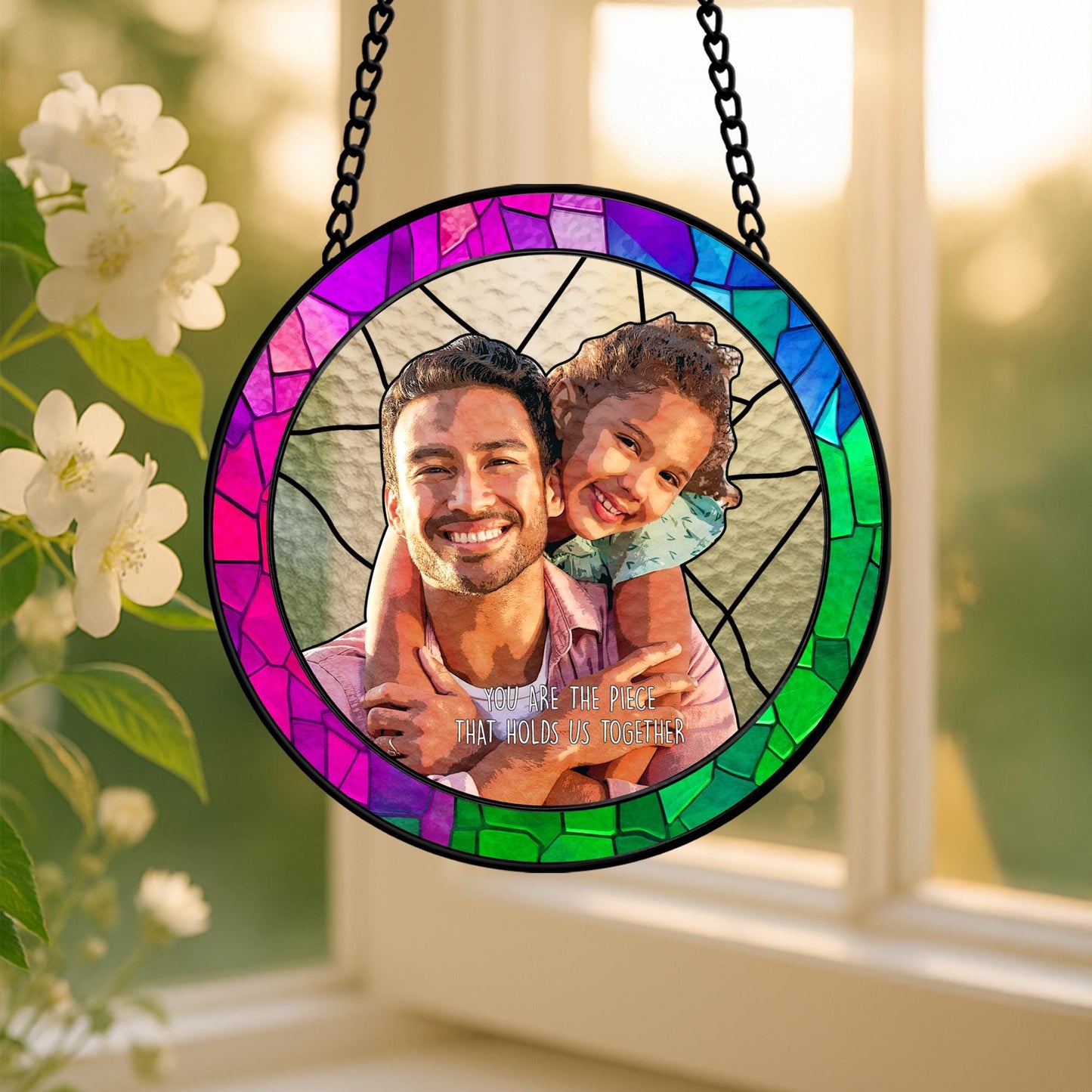Personalized Fathers Day Glass Suncatcher, Custom Dad Portrait Stained Glass, Dad Birthday Gifts, Dad Glass Suncatcher Window (Sun-145)