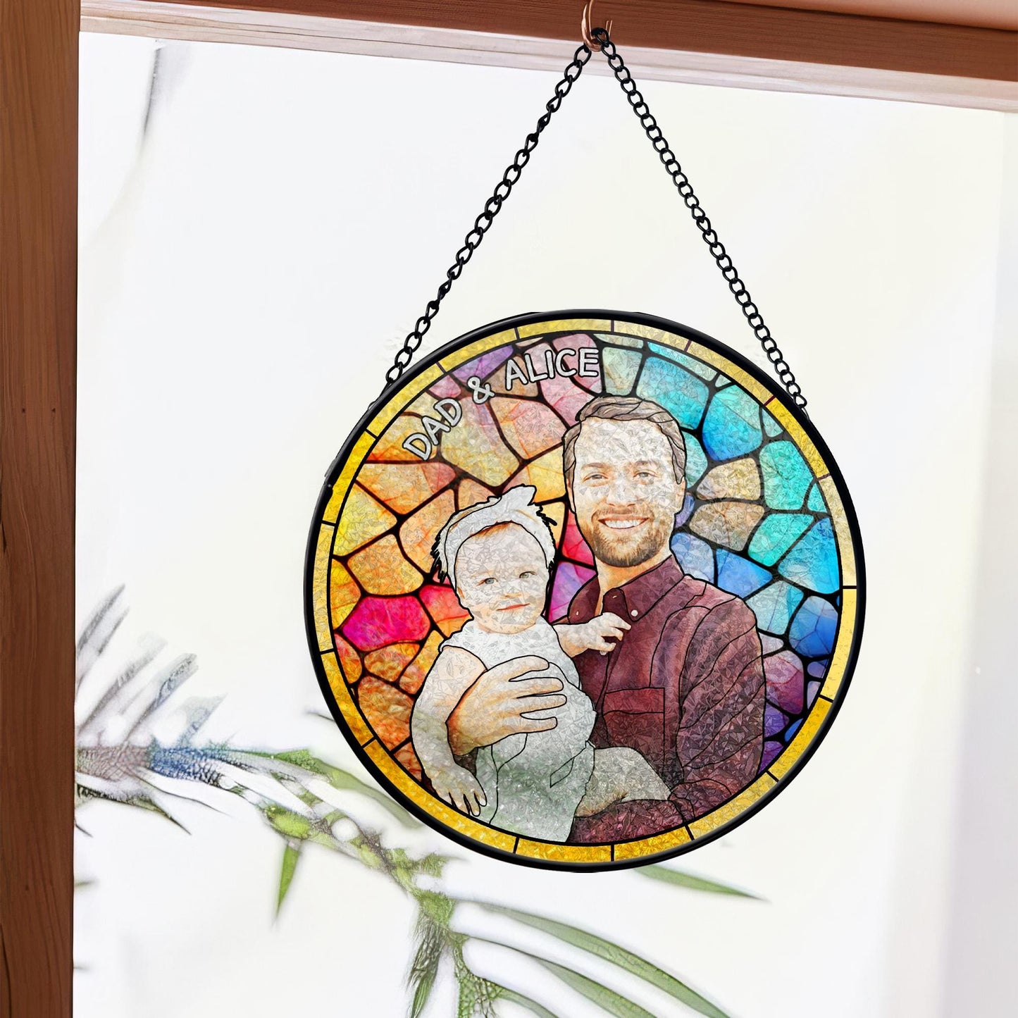 Personalized Father Portrait Photo Glass Suncatcher, Grandpa & Kids Photo Glass Suncatcher, Father's Day Gift, Gift From Kids, Loss of Dad (Sun-147)