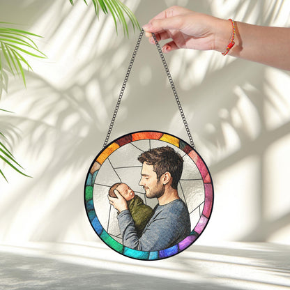 Custom New Dad Portrait Glass Suncatcher, Personalized 1st Fathers Day Gift From Kid, Dad Birthday Gifts, Dad Suncatcher Window Hanging (Sun-157)
