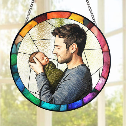 Custom New Dad Portrait Glass Suncatcher, Personalized 1st Fathers Day Gift From Kid, Dad Birthday Gifts, Dad Suncatcher Window Hanging (Sun-157)