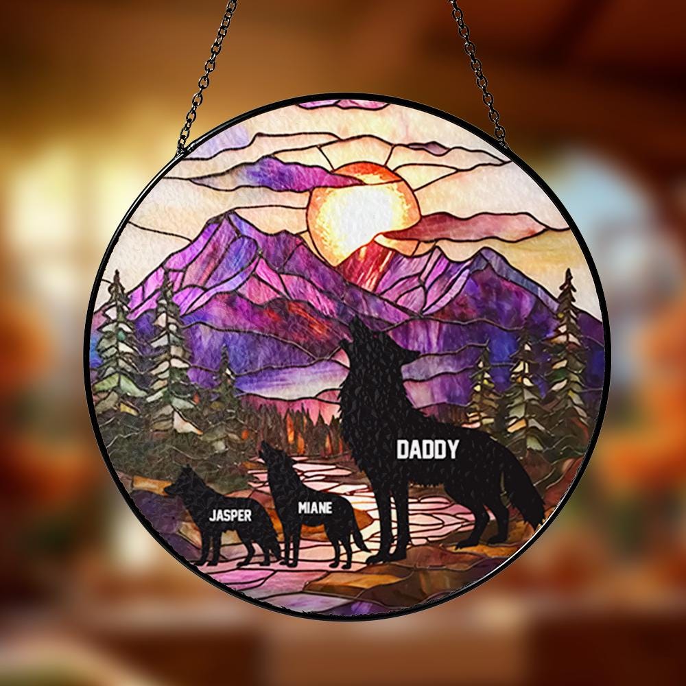 Personalized Fathers Day Wolf Stained Glass Suncatcher, Dad Gift From Kid, Fathers Day Gift, Wolf Dad Suncatcher Window Hanging, Family Gift (Sun-155)