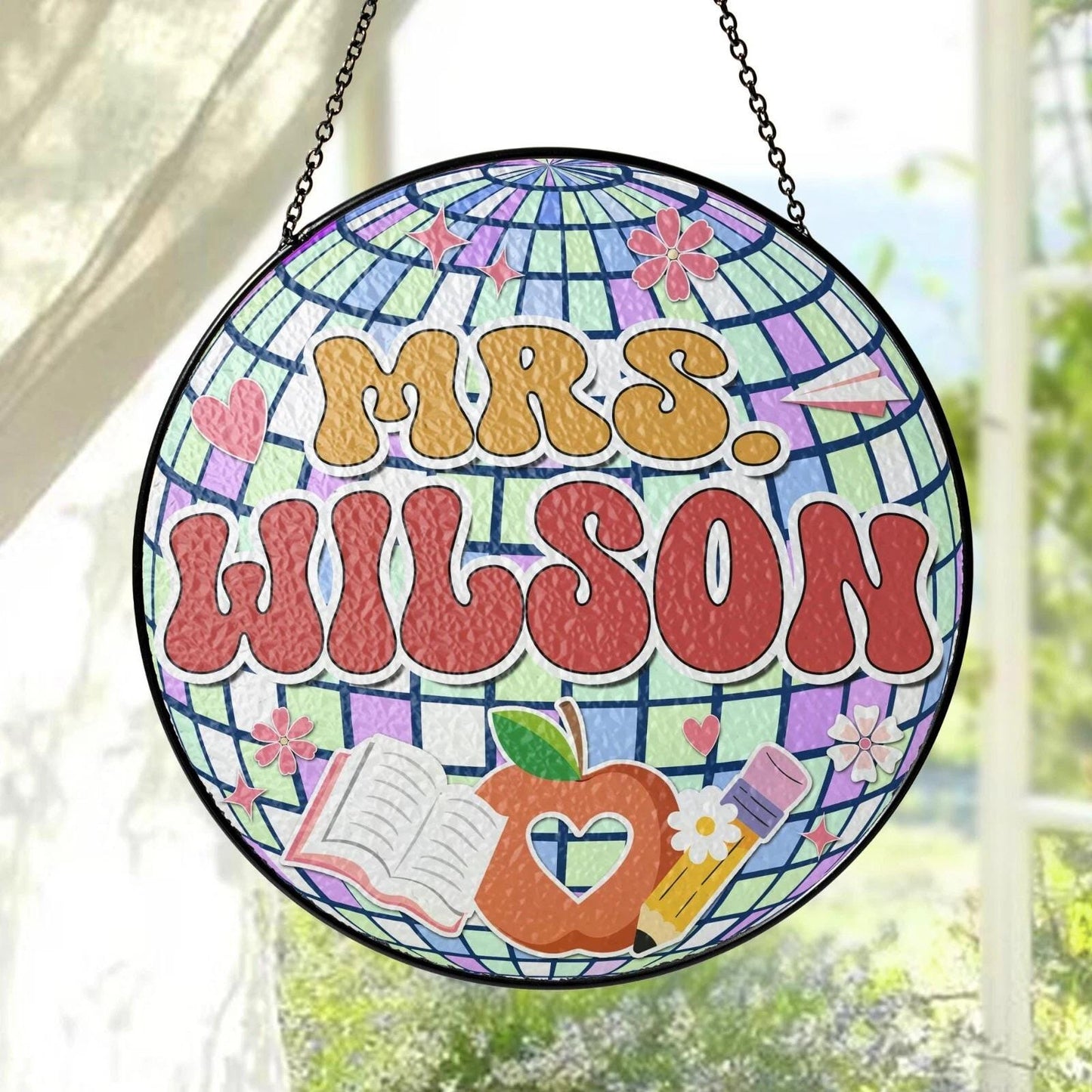Custom Disco ball Stained Glass Suncatcher, Teacher Appreciation Gift From Student, Back To School, Teacher Gift, Window Hanging Classroom (Sun-163)