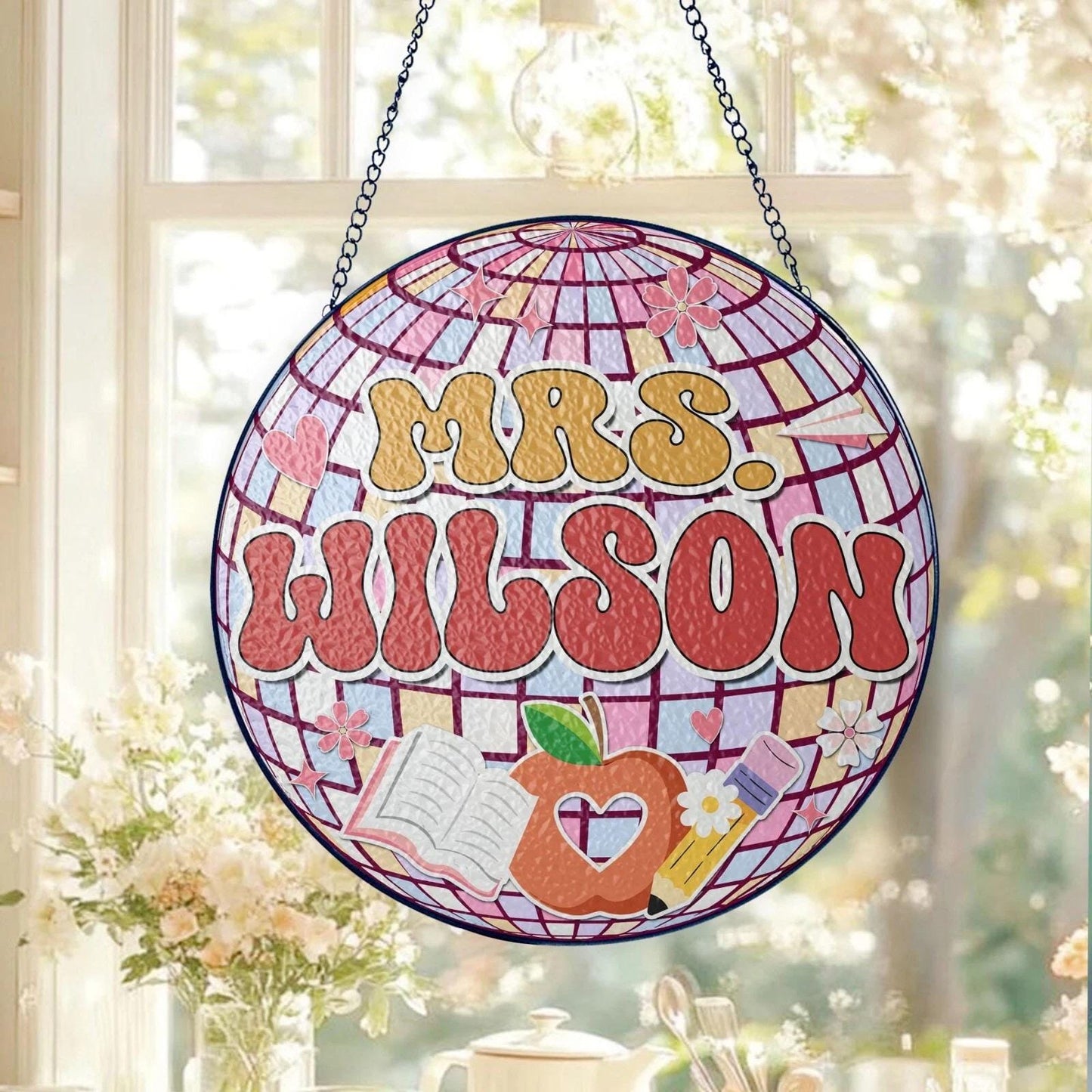 Custom Disco ball Stained Glass Suncatcher, Teacher Appreciation Gift From Student, Back To School, Teacher Gift, Window Hanging Classroom (Sun-163)