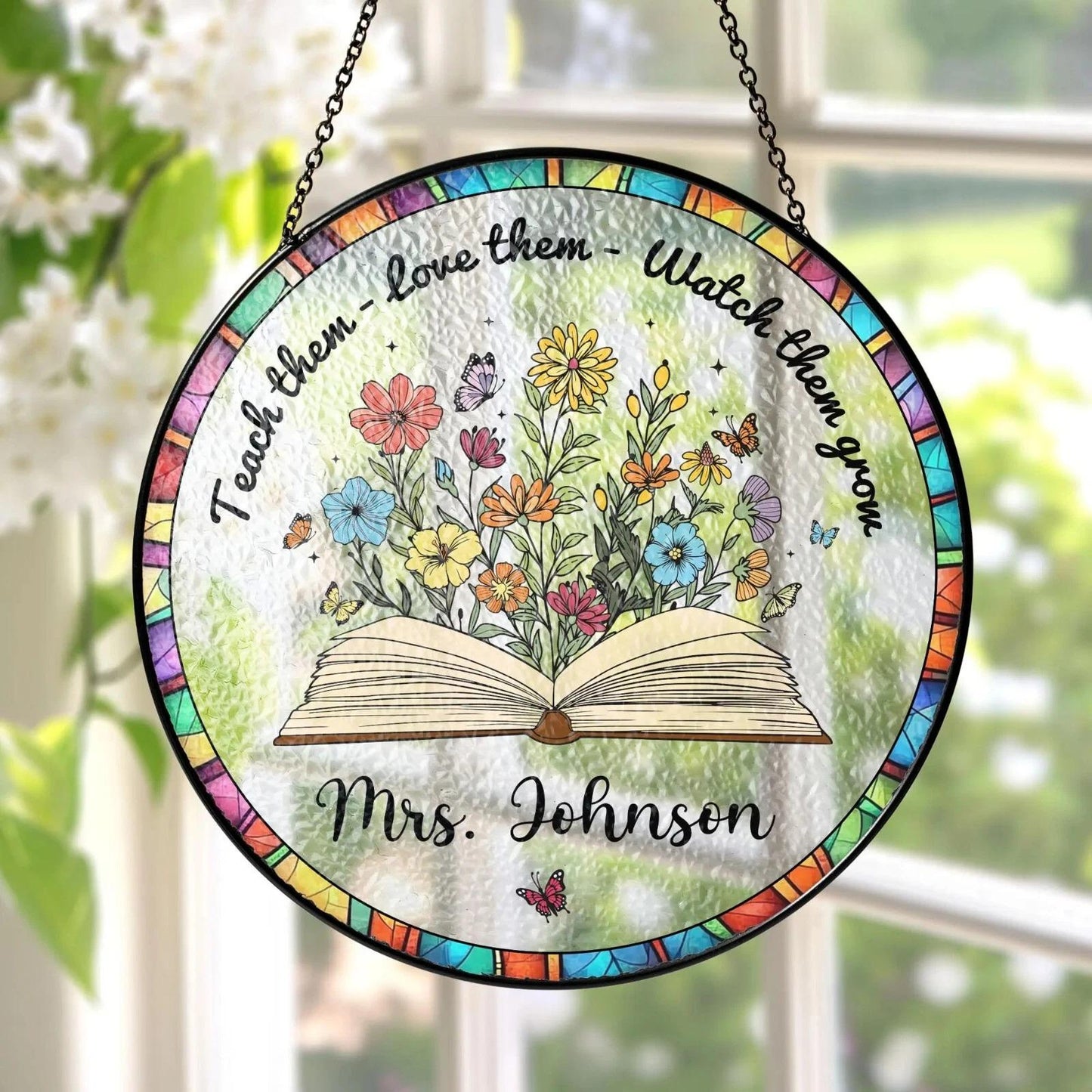 Custom Book And Flower Teacher Stained Glass Suncatcher, Window Hanging, Teacher Appreciation Gift, Back To School, Classroom Decor (Sun-162)
