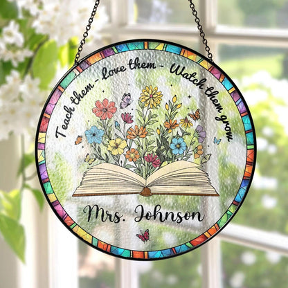 Custom Book And Flower Teacher Stained Glass Suncatcher, Window Hanging, Teacher Appreciation Gift, Back To School, Classroom Decor (Sun-162)