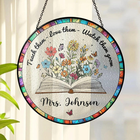 Custom Book And Flower Teacher Stained Glass Suncatcher, Window Hanging, Teacher Appreciation Gift, Back To School, Classroom Decor (Sun-162)