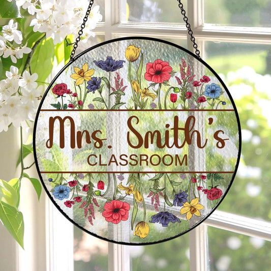 Teacher Flower Stained Glass Suncatcher, Name Gift for Teacher, Classroom Decor, Indoor Class Window Hanging Initial Name (Sun-161)