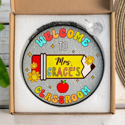 Personalized Teacher Stained Glass Suncatcher, Custom Name Sign Rainbow Pencil Bright, Classroom Decor, Back To School, Gift For Her (Sun-160)
