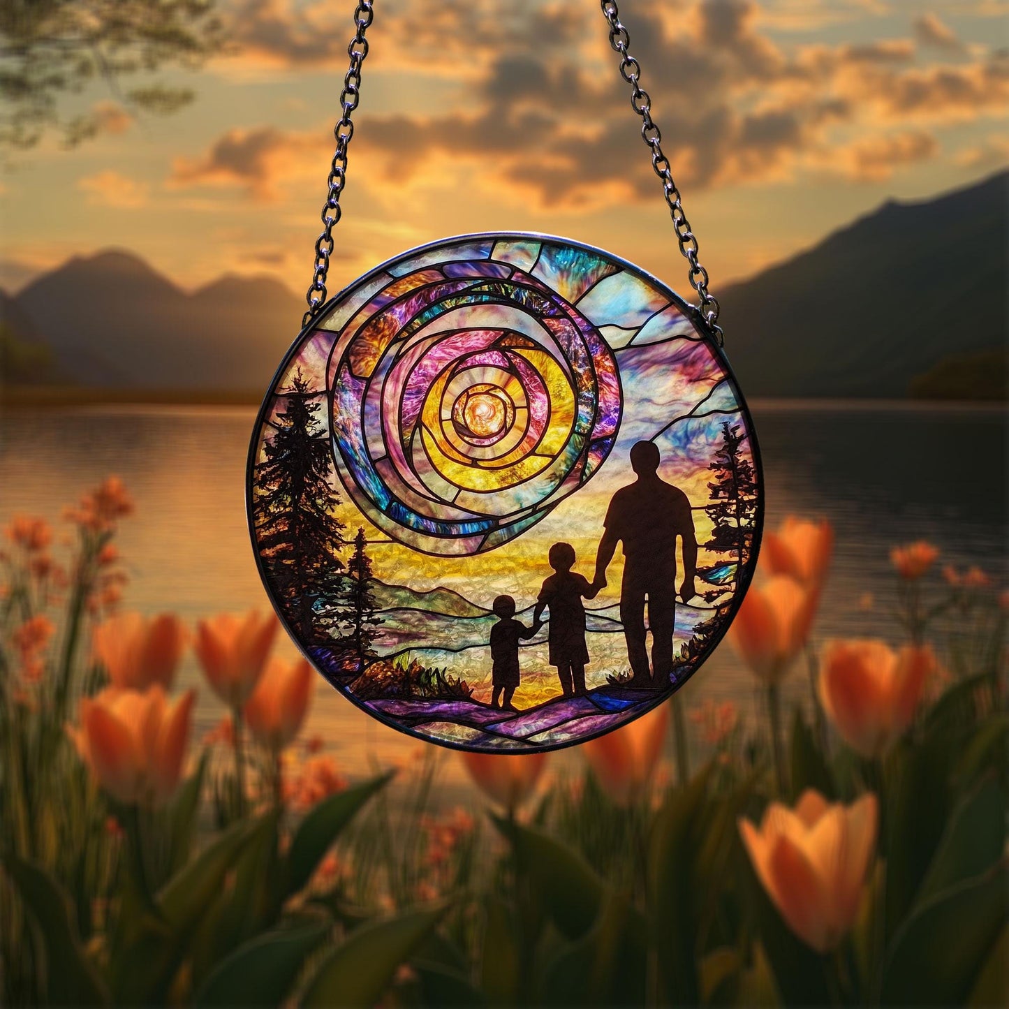 Dad and Kids Sunset Spiral Glass Suncatcher, Handmade Father’s Day Gift, Sentimental Keepsake from Children, Unique Gift for Him, Family Love Decor (Sun-148)