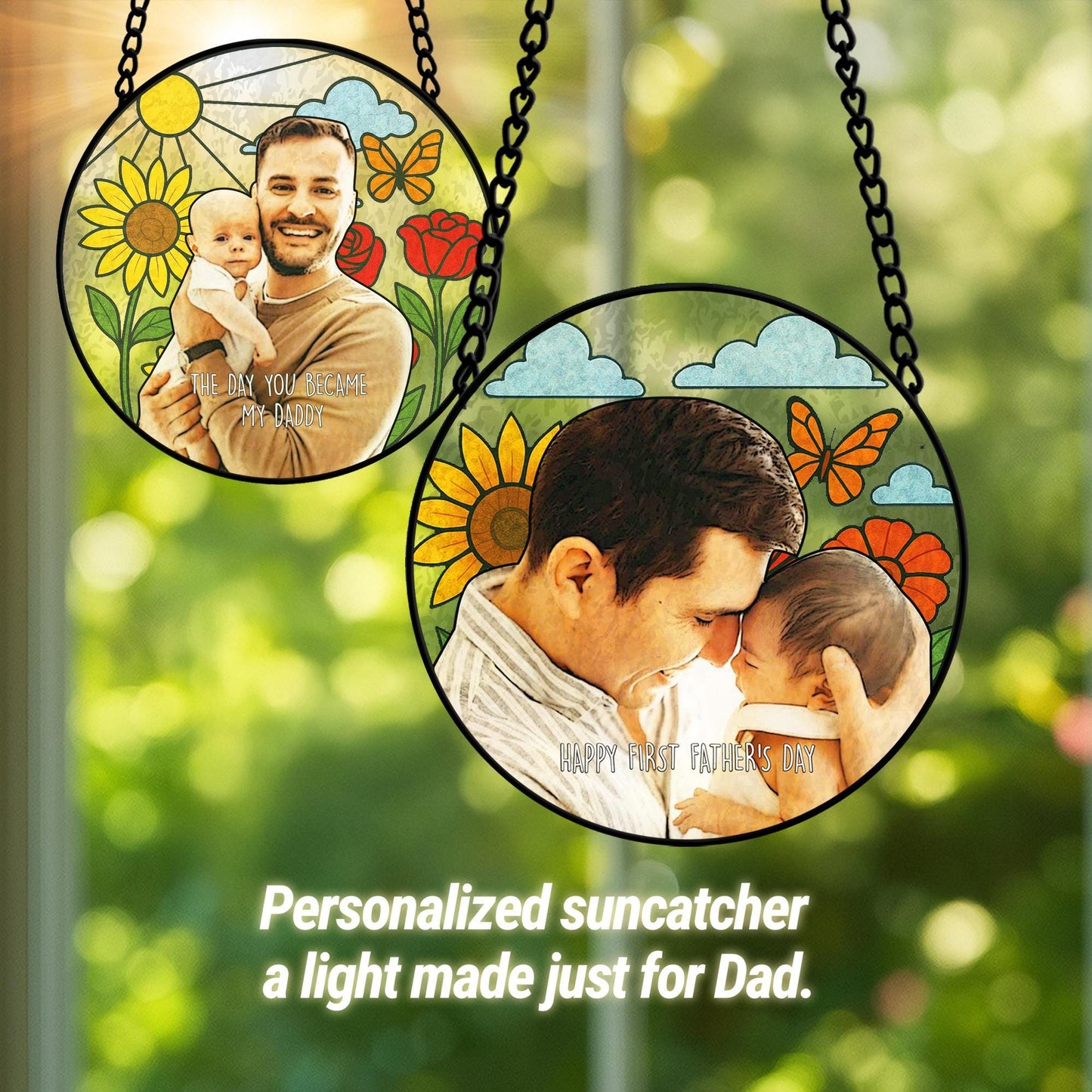 Personalized Father Portrait Photo Glass Suncatcher, Custom Photo Portrait Stained Glass Suncatcher, Father's Day Gift, Gift From Kids (Sun-121)