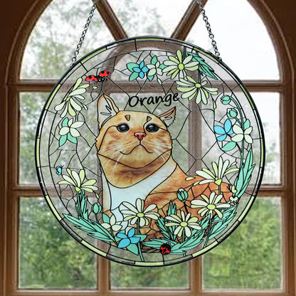Custom Pet & Birth Flower Stained Glass Suncatcher, Pet Portrait from Photo Glass Art, Stained Glass Cat / Dog Pet Memorial, Pet Loss gifts (Sun-133)