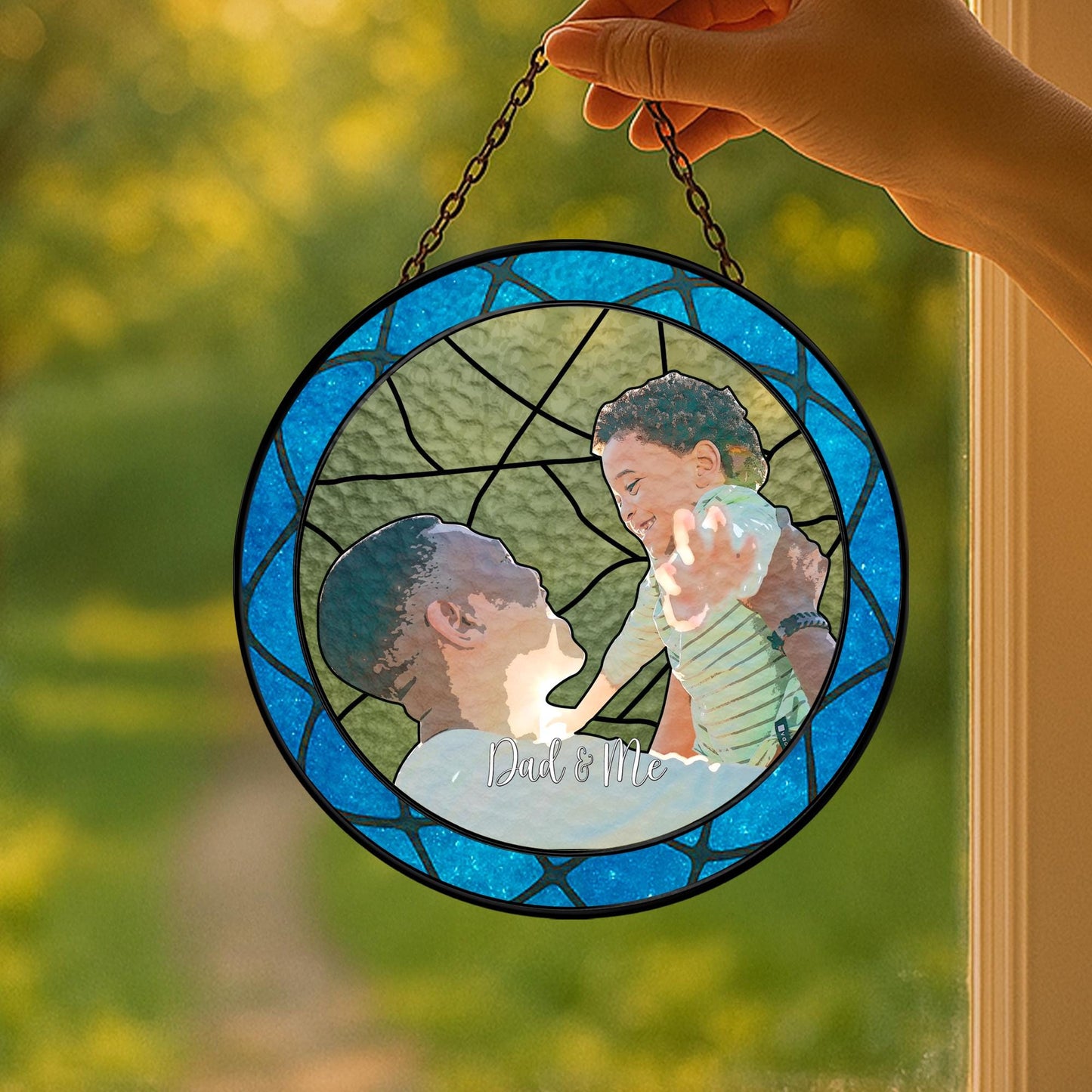 Personalized Fathers Day Glass Suncatcher, Custom Dad Portrait Stained Glass, Dad Birthday Gifts, Dad Glass Suncatcher Window (Sun-145)