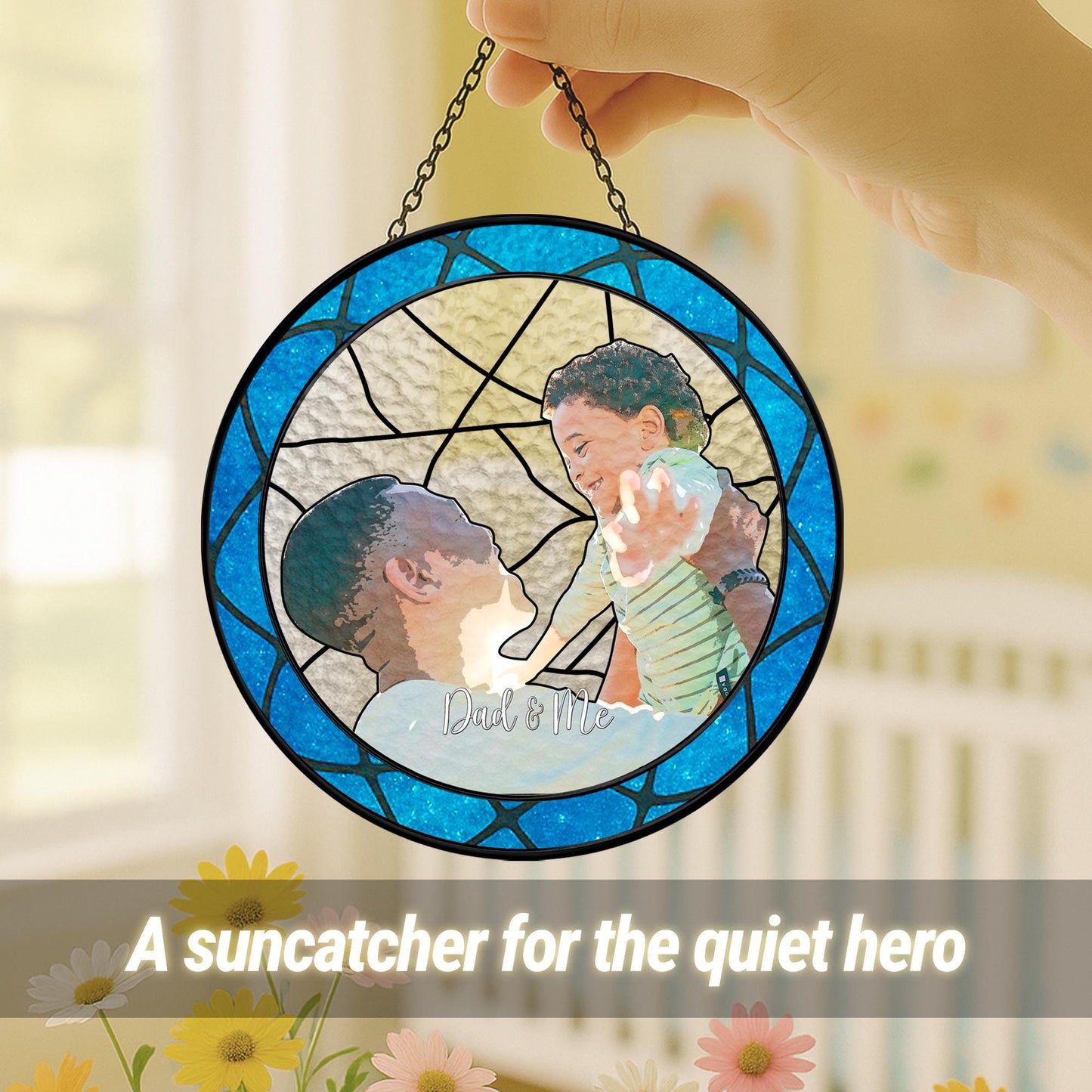 Personalized Fathers Day Glass Suncatcher, Custom Dad Portrait Stained Glass, Dad Birthday Gifts, Dad Glass Suncatcher Window (Sun-145)