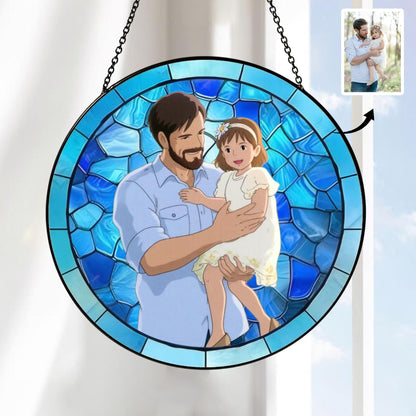 Custom Father's Day Gift, Personalized Photo Glass Suncatcher, Stained Glass Portrait, Family Picture Window Hanging, Gift for Grandpa Dad Papa (Sun-158)