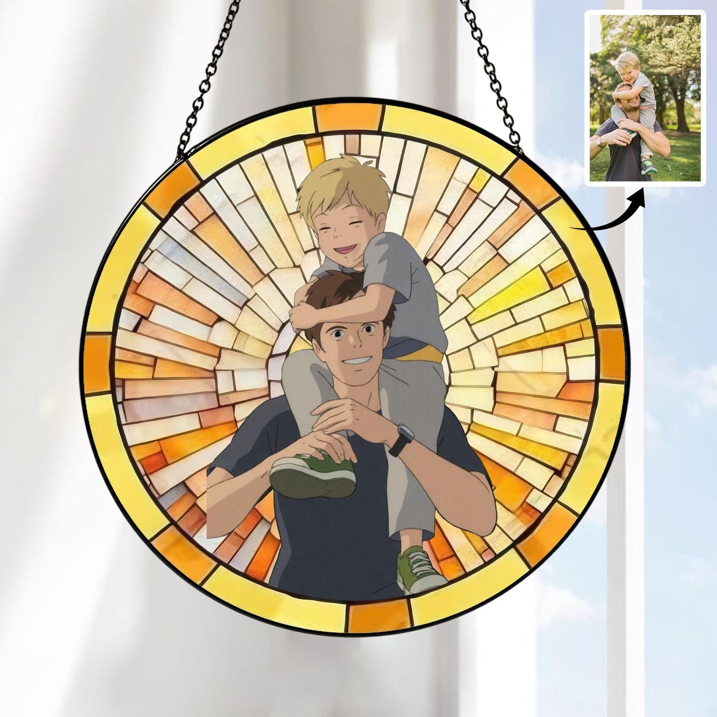 Custom Father's Day Gift, Personalized Photo Glass Suncatcher, Stained Glass Portrait, Family Picture Window Hanging, Gift for Grandpa Dad Papa (Sun-158)