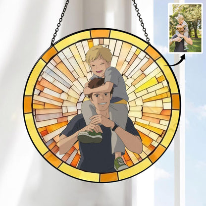 Custom Father's Day Gift, Personalized Photo Glass Suncatcher, Stained Glass Portrait, Family Picture Window Hanging, Gift for Grandpa Dad Papa (Sun-158)