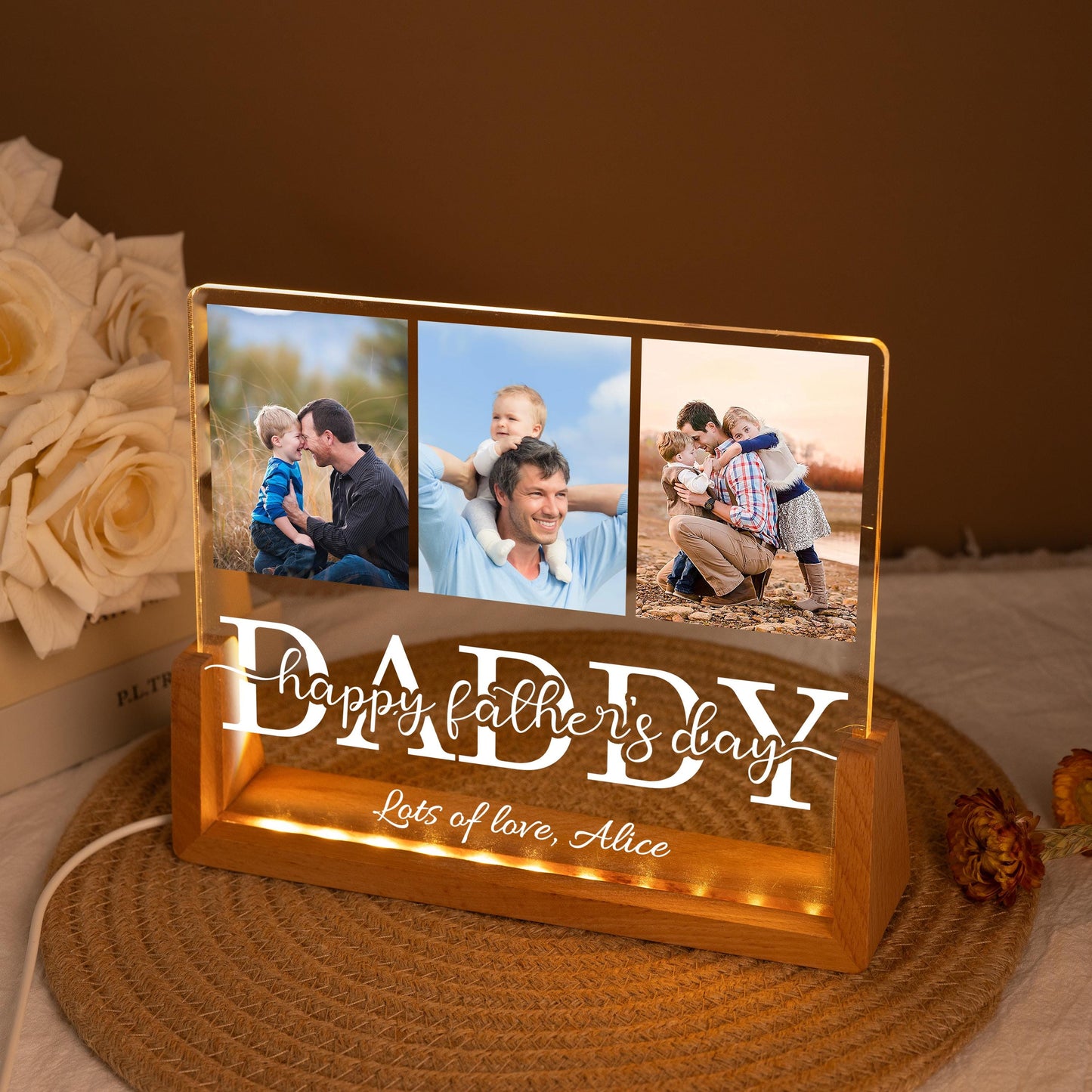 Personalised Daddy Night Light With Photos, Custom Dads Picture Acrylic Lamp, Fathers Day Photo Collage, Dad Birthday Gift, Father's Day Gift (DNL-43)