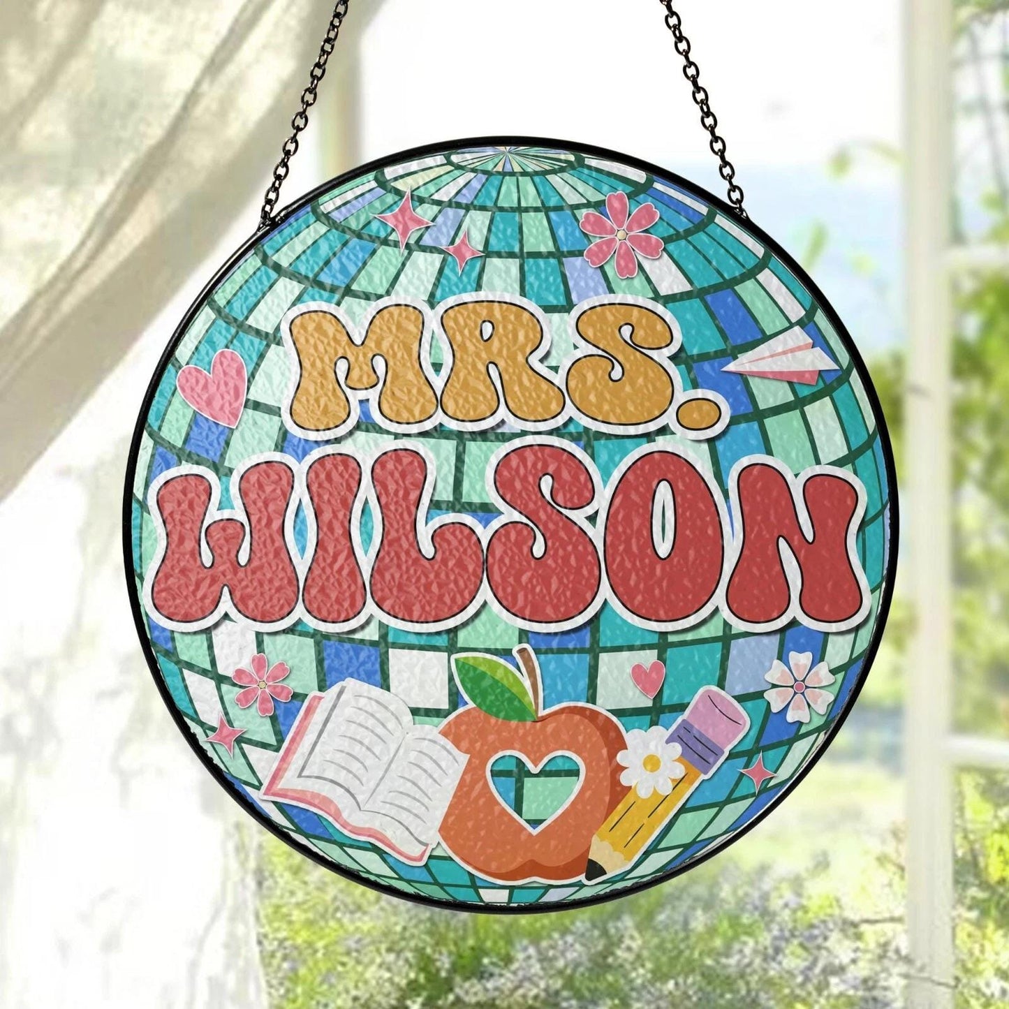 Custom Disco ball Stained Glass Suncatcher, Teacher Appreciation Gift From Student, Back To School, Teacher Gift, Window Hanging Classroom (Sun-163)