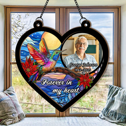 Custom Hummingbird Memorial Portrait, Personalized Stained Glass Window Hanging, Memorial Ornament, Glass Suncatcher for Hummingbird Lovers (H-Sun-13)
