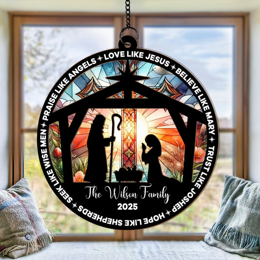 Custom Christmas Suncatcher – Nativity Scene Ornament with Family Name – Religious Holiday Decor (H-Sun-24)