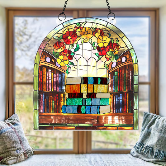 Bookshelf Stained Hanging Suncatcher, Book Stack Window Hanging, Gift for Bookworms and Teachers, Handmade Hanging Book Art (H-Sun-26)