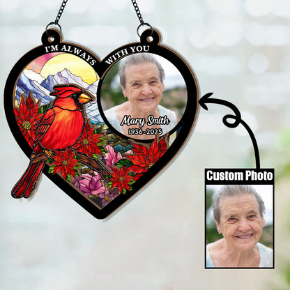 Personalized Photo Memorial Suncatcher Ornament, Custom Photo, Cardinal Suncatcher, In Loving Memory of a Loved One, Sympathy Gift, Cardinal Lovers (H-Sun-12)