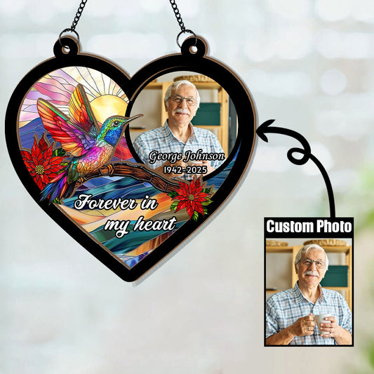 Custom Hummingbird Memorial Portrait, Personalized Stained Glass Window Hanging, Memorial Ornament, Glass Suncatcher for Hummingbird Lovers (H-Sun-13)