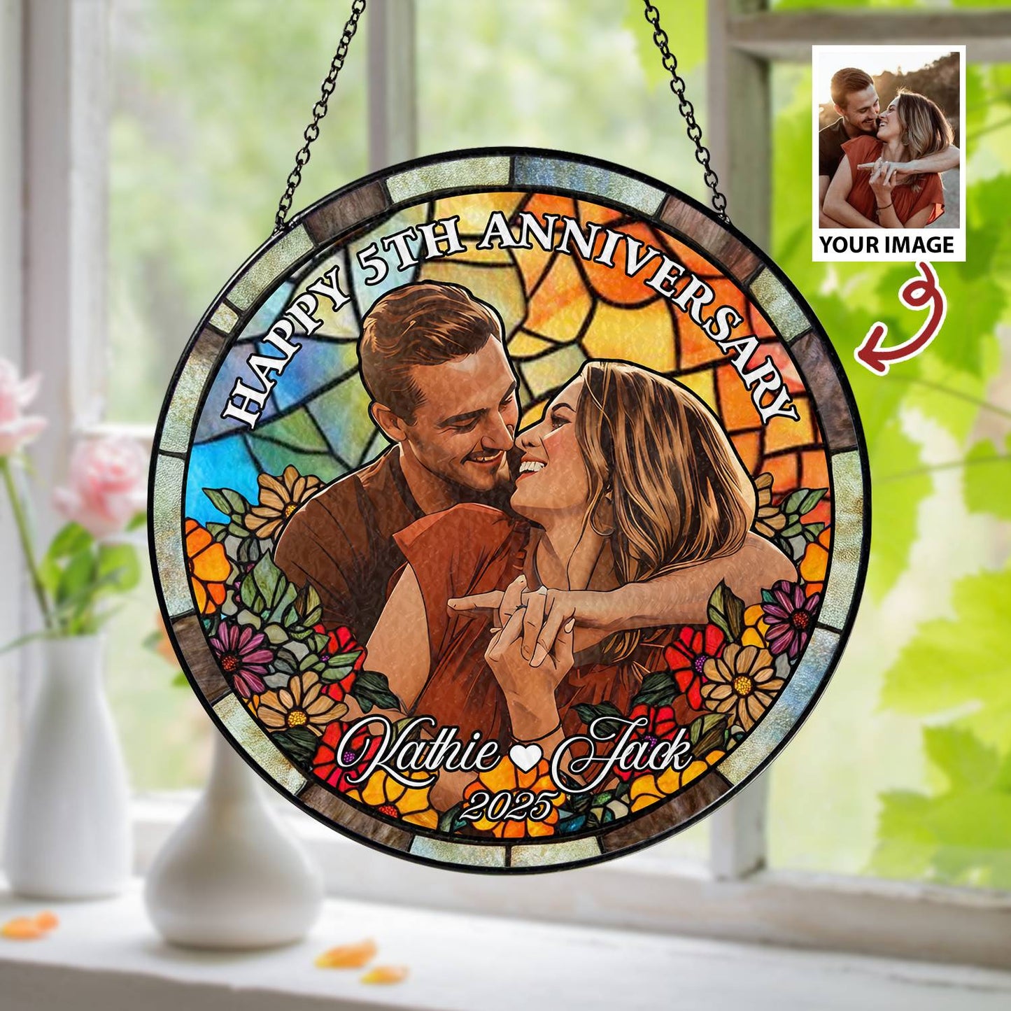Custom Glass Suncatcher Couple Portrait – Personalized Stained Glass Style Art from Your Photo, Romantic Gift for Anniversaries or Birthdays (Sun-41)