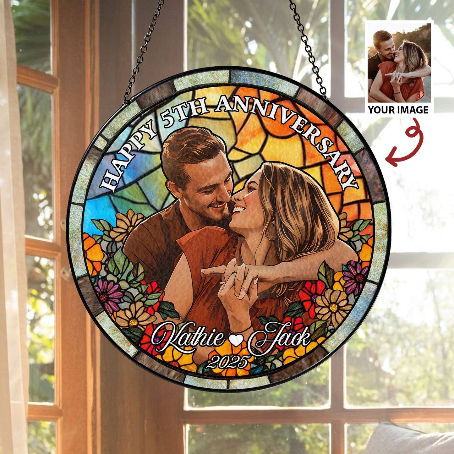 Custom Glass Suncatcher Couple Portrait – Personalized Stained Glass Style Art from Your Photo, Romantic Gift for Anniversaries or Birthdays (Sun-41)