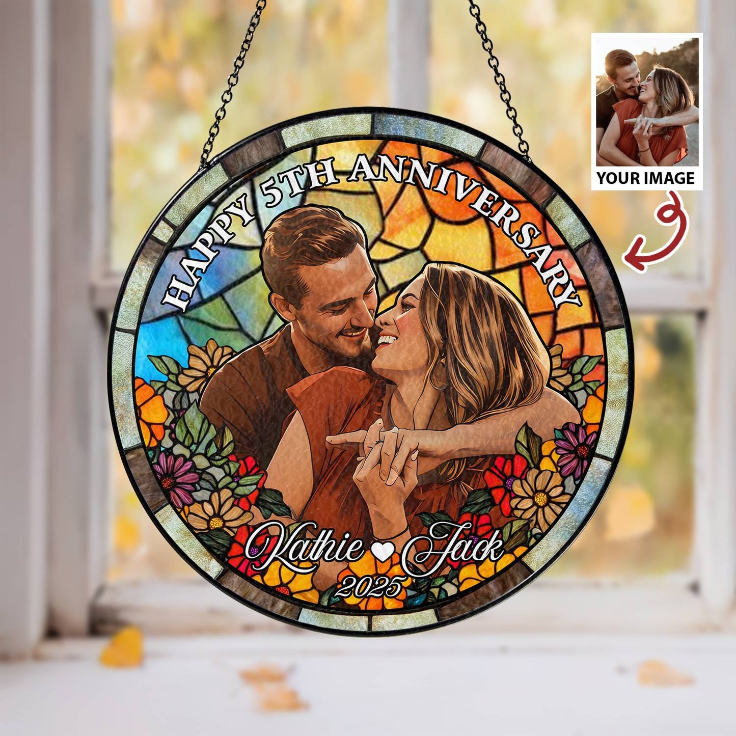 Custom Glass Suncatcher Couple Portrait – Personalized Stained Glass Style Art from Your Photo, Romantic Gift for Anniversaries or Birthdays (Sun-41)