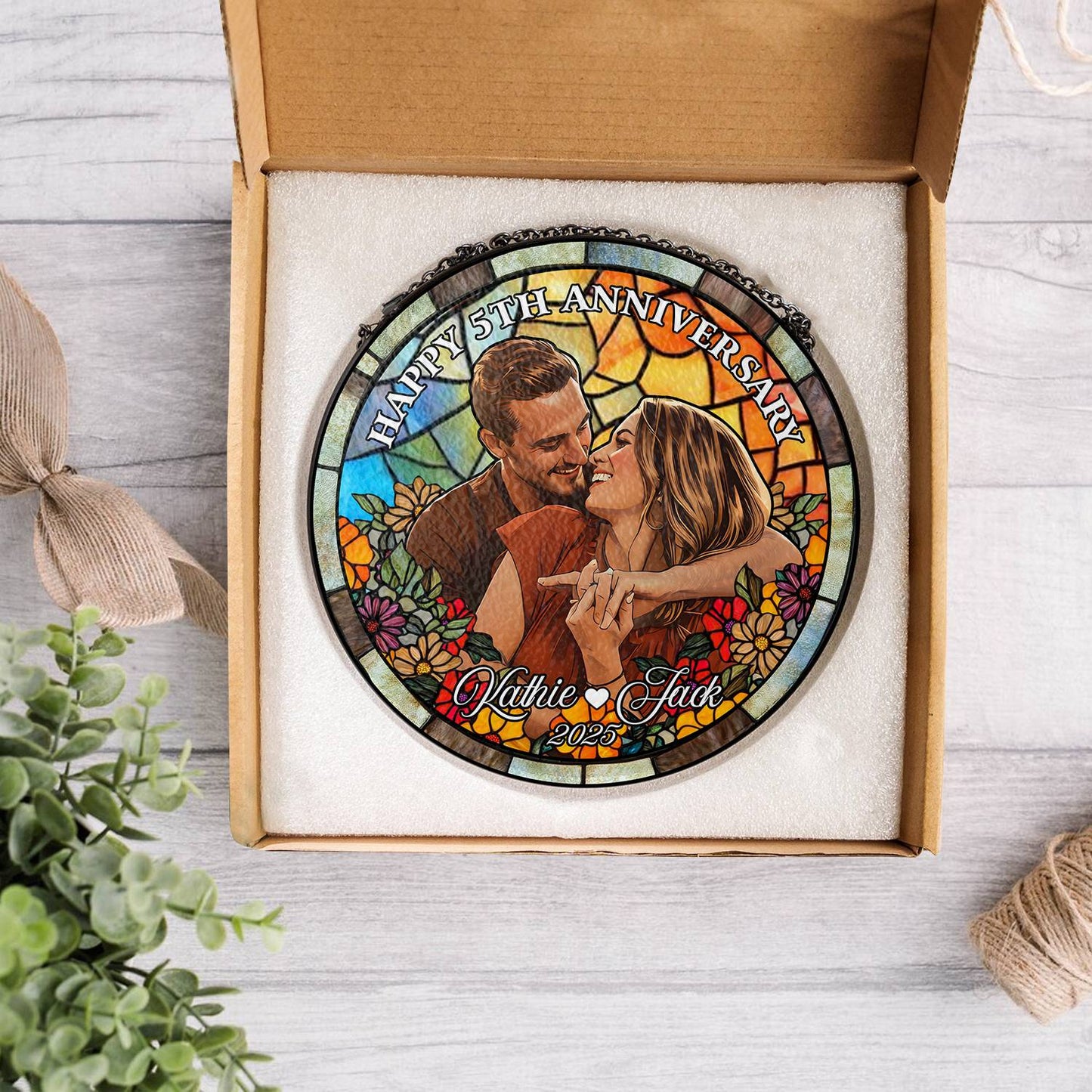 Custom Glass Suncatcher Couple Portrait – Personalized Stained Glass Style Art from Your Photo, Romantic Gift for Anniversaries or Birthdays (Sun-41)