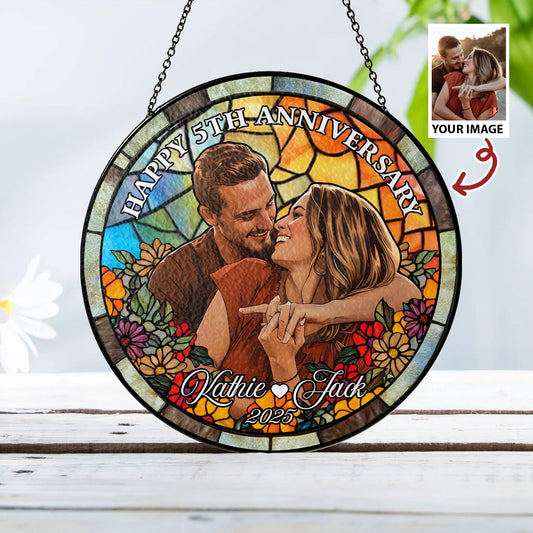 Custom Glass Suncatcher Couple Portrait – Personalized Stained Glass Style Art from Your Photo, Romantic Gift for Anniversaries or Birthdays (Sun-41)
